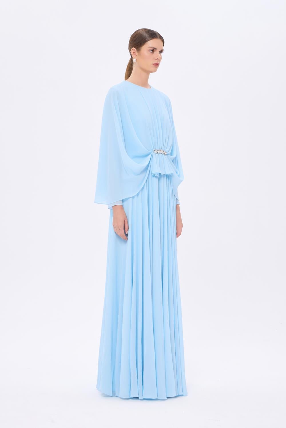 Stone Embroidery Detailed Long Sleeve Chiffon Evening Dress - 9118C