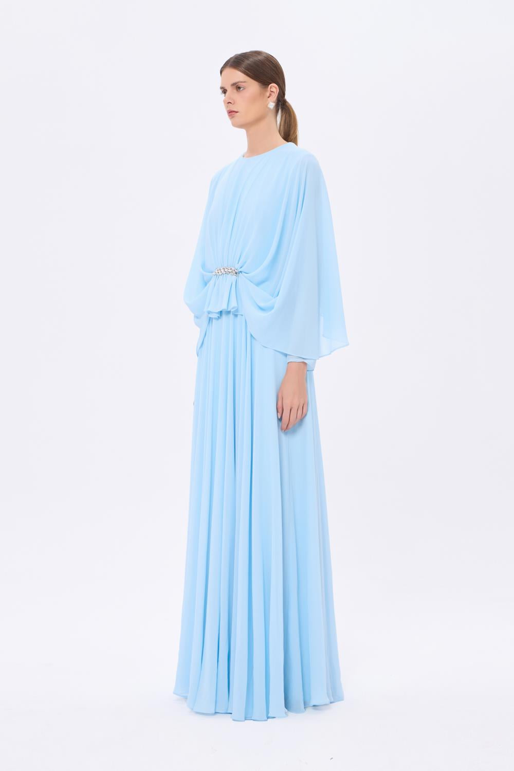 Stone Embroidery Detailed Long Sleeve Chiffon Evening Dress - 9118C