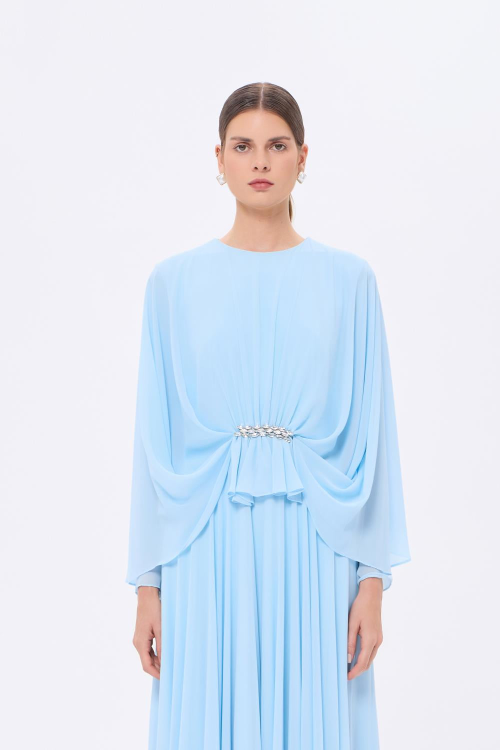 Stone Embroidery Detailed Long Sleeve Chiffon Evening Dress - 9118C