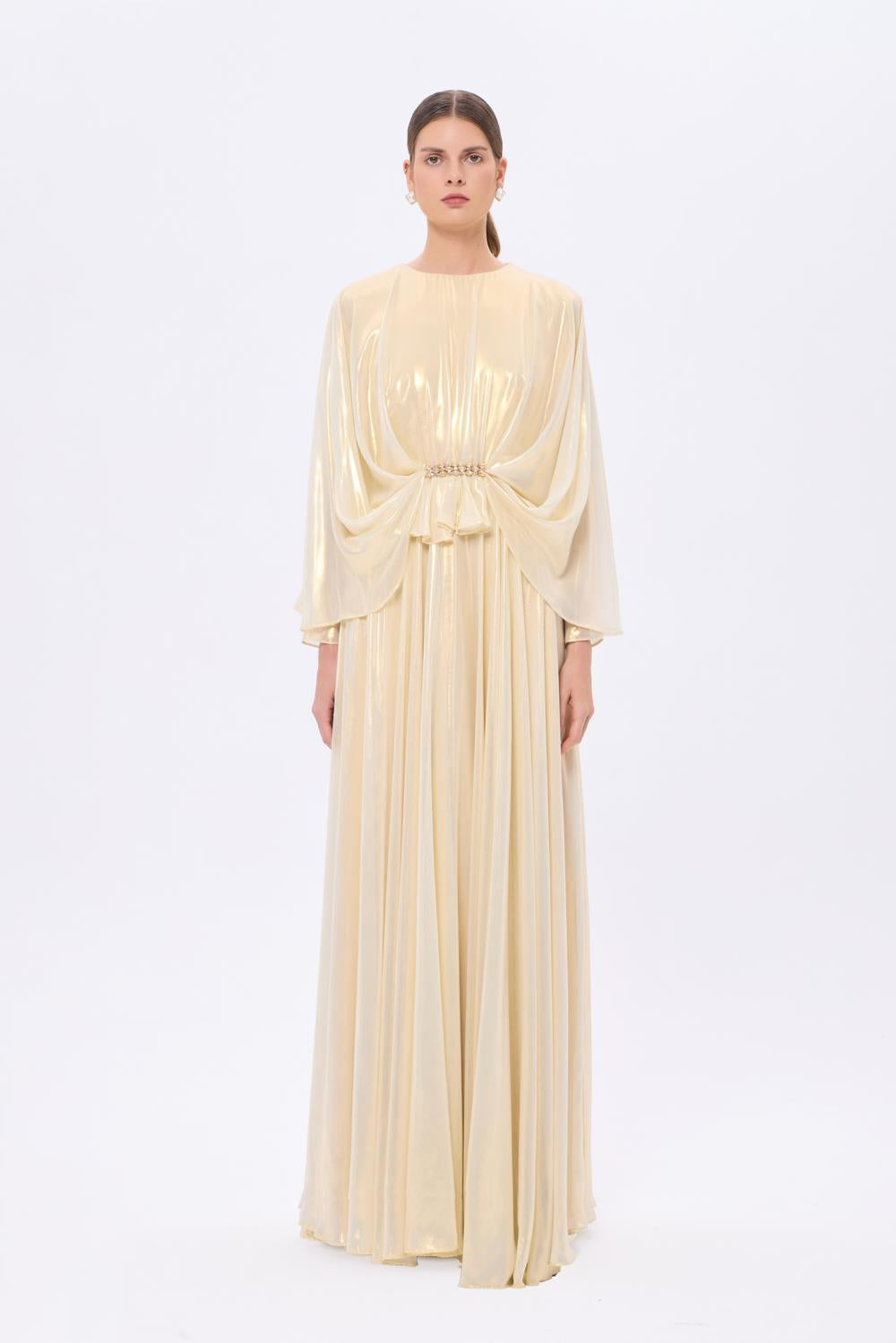 Stone Embroidery Detailed Long Sleeve Chiffon Evening Dress - 9118C