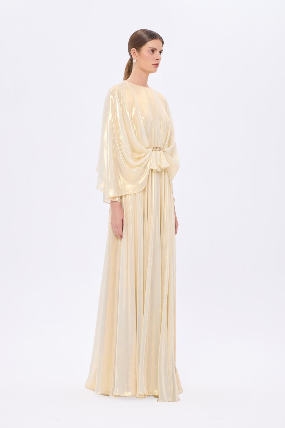 Stone Embroidery Detailed Long Sleeve Chiffon Evening Dress - 9118C
