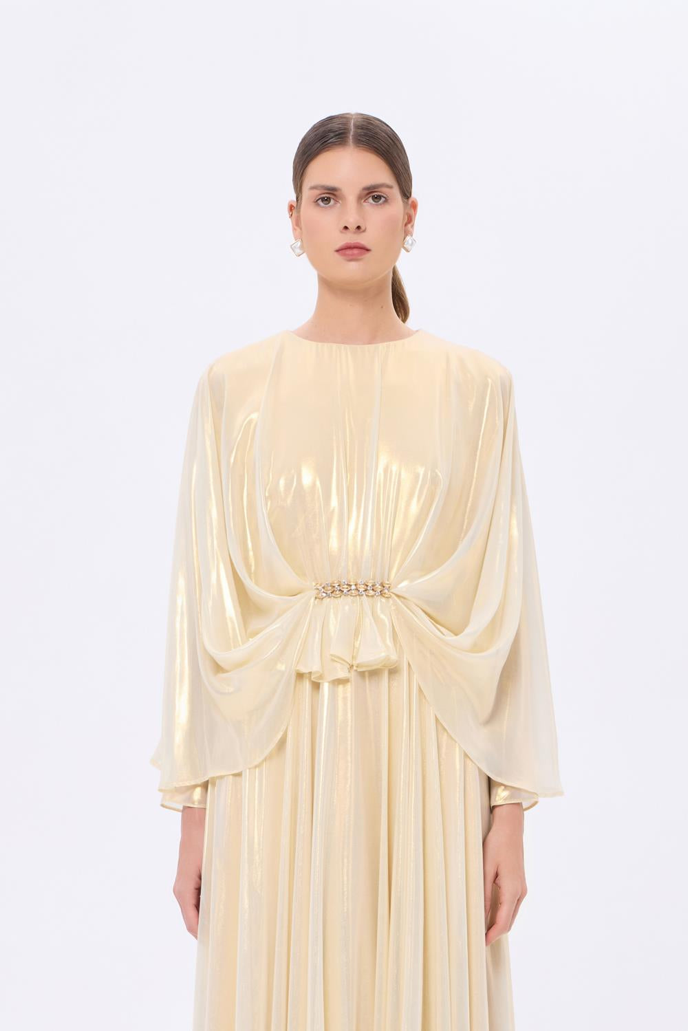 Stone Embroidery Detailed Long Sleeve Chiffon Evening Dress - 9118C
