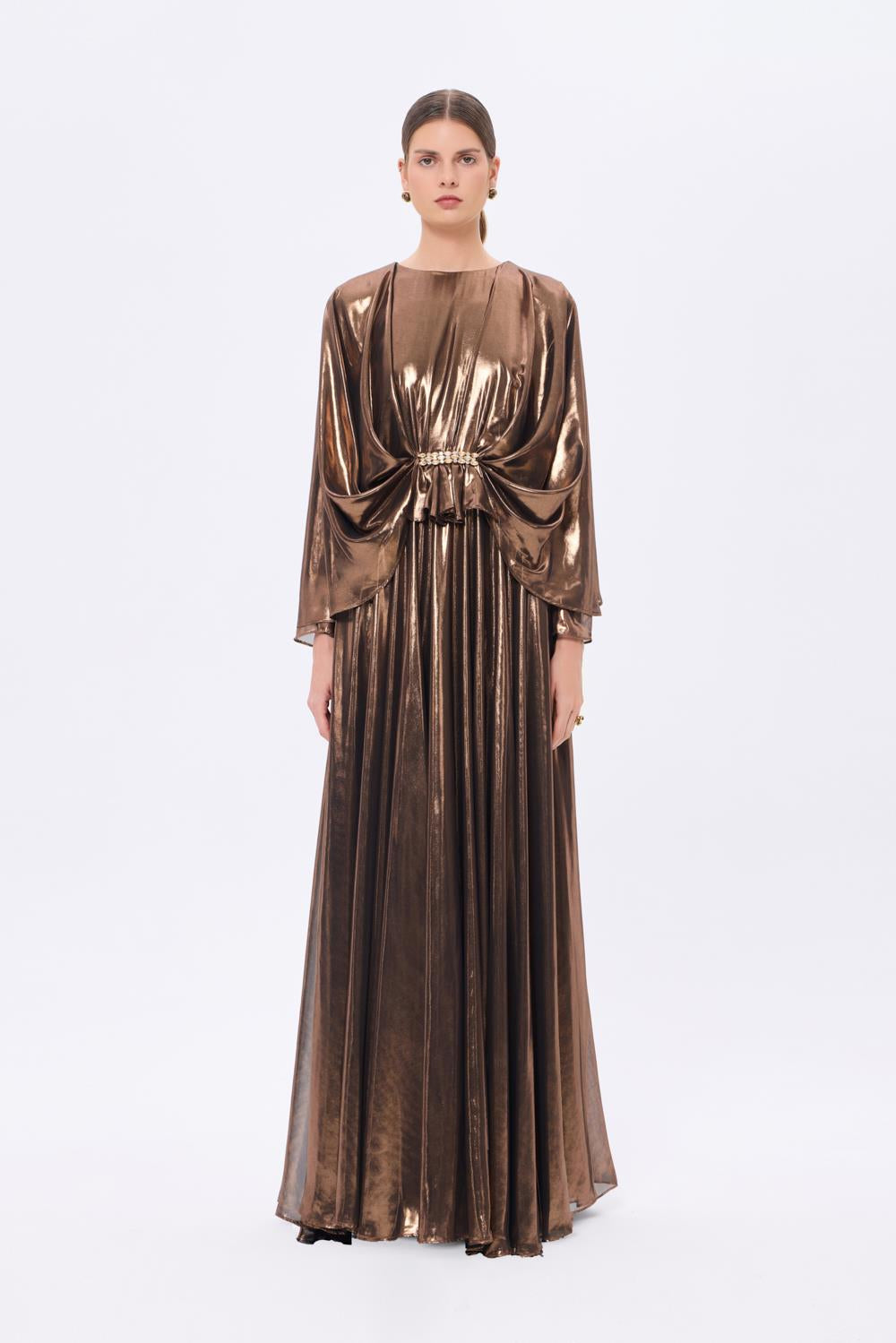 Stone Embroidery Detailed Long Sleeve Chiffon Evening Dress - 9118C