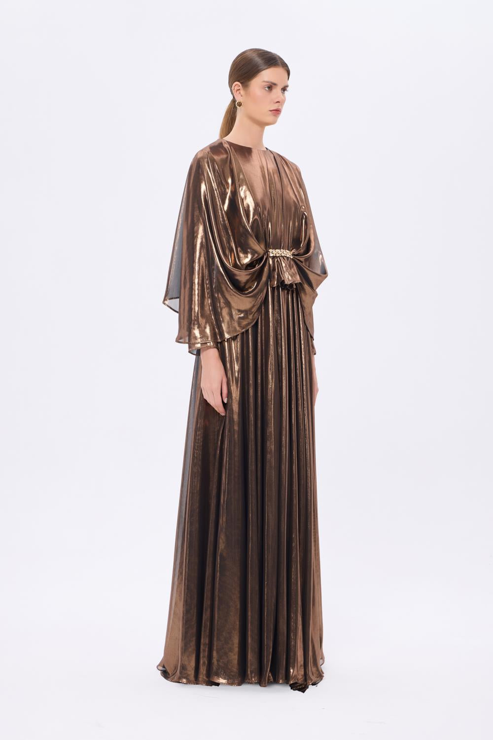 Stone Embroidery Detailed Long Sleeve Chiffon Evening Dress - 9118C