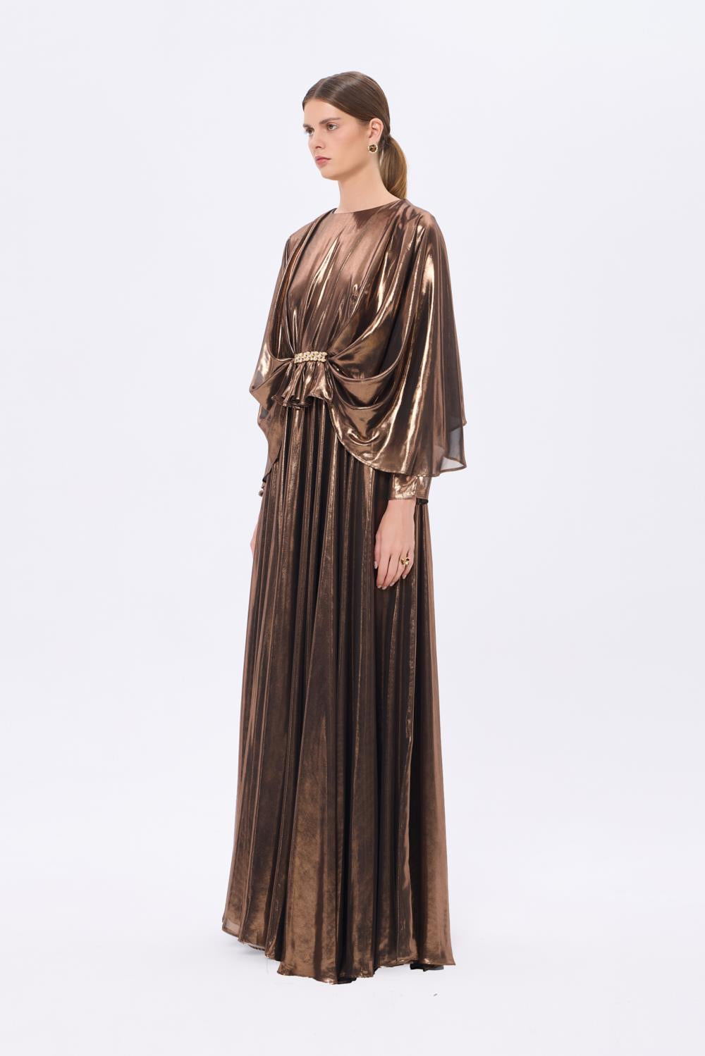 Stone Embroidery Detailed Long Sleeve Chiffon Evening Dress - 9118C