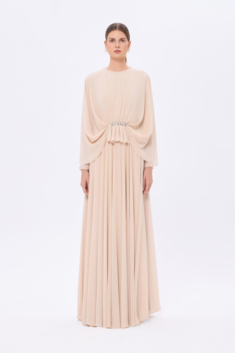 Stone Embroidery Detailed Long Sleeve Chiffon Evening Dress - 9118C