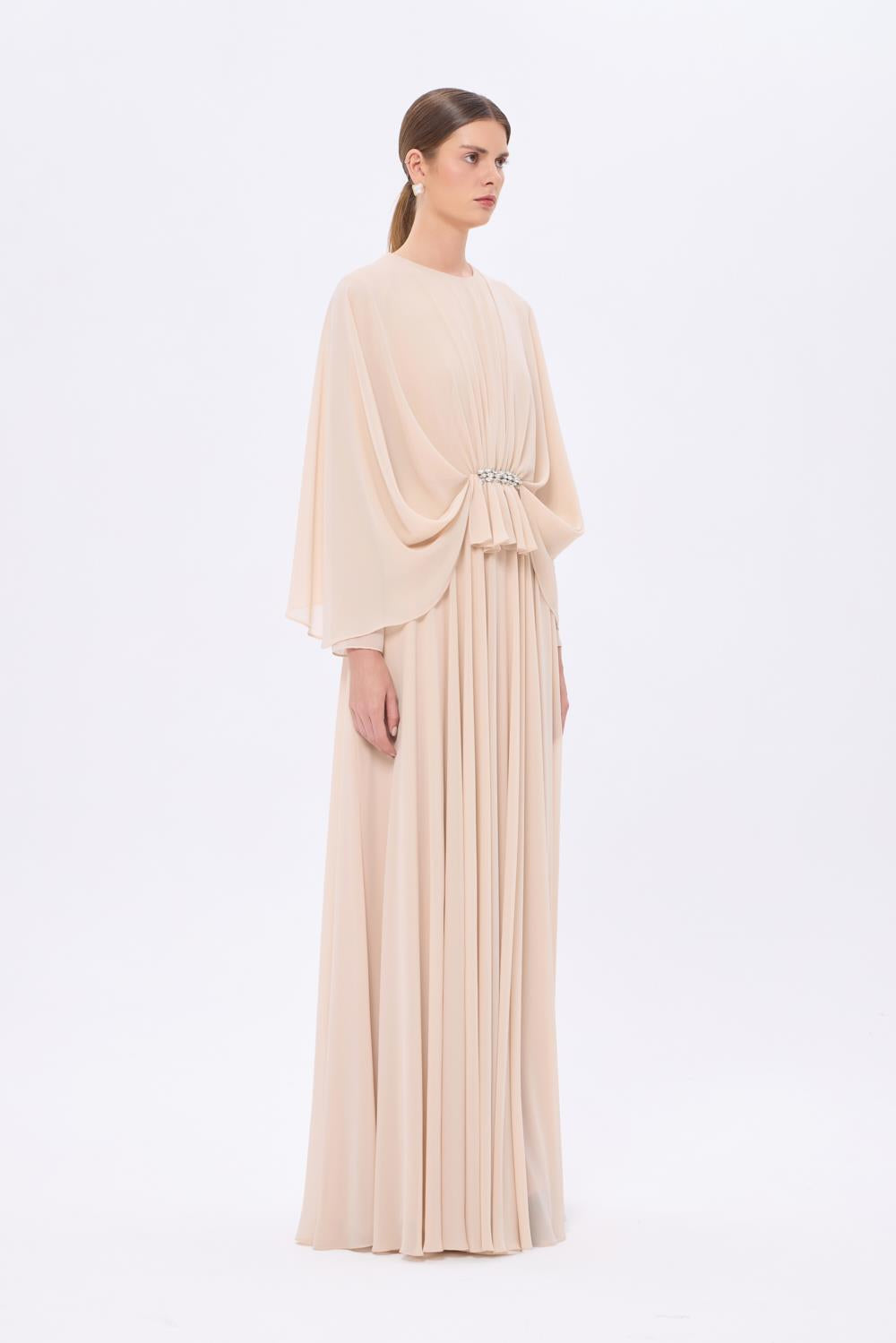 Stone Embroidery Detailed Long Sleeve Chiffon Evening Dress - 9118C