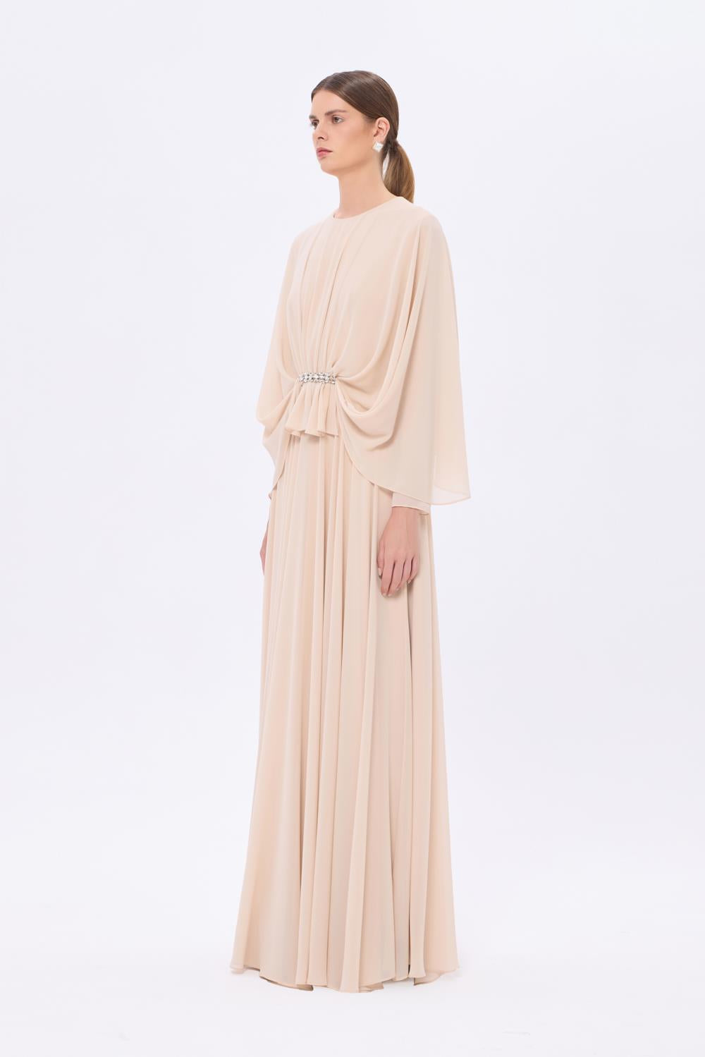 Stone Embroidery Detailed Long Sleeve Chiffon Evening Dress - 9118C