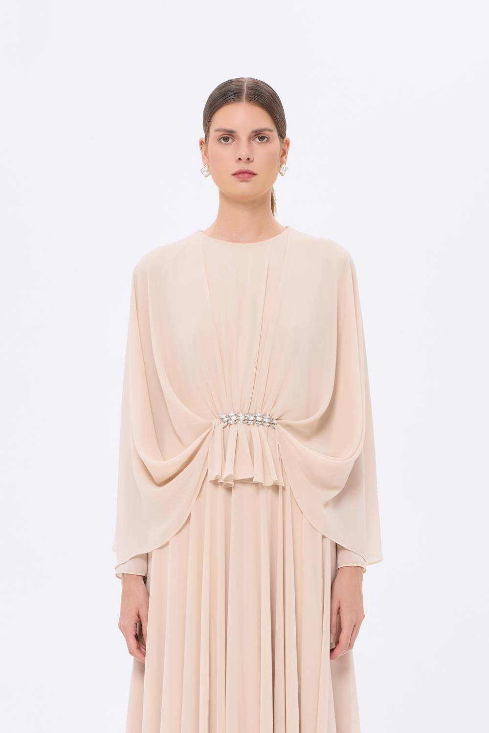 Stone Embroidery Detailed Long Sleeve Chiffon Evening Dress - 9118C