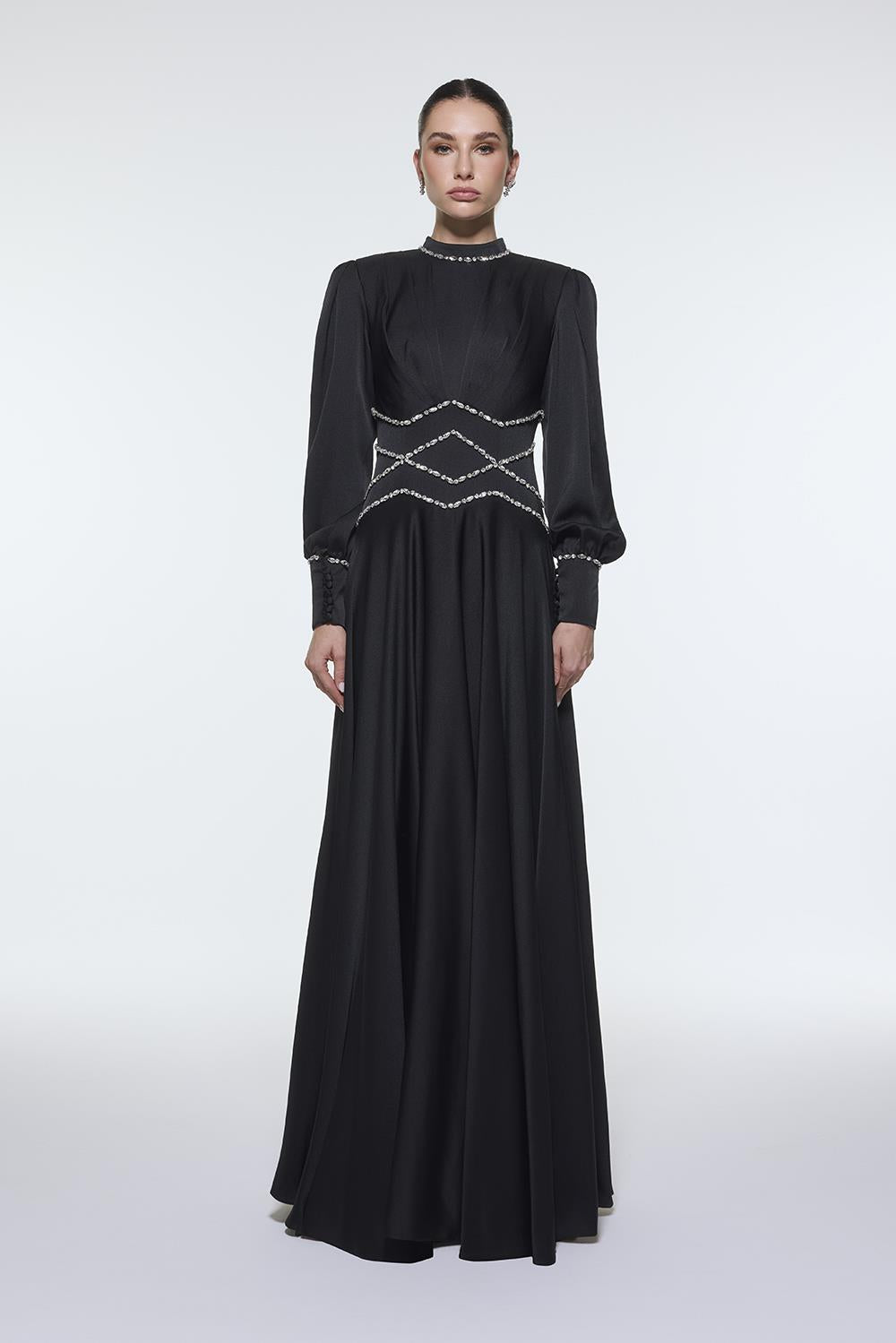 Stone Embroidered Stand Collar Satin Long Evening Dress - 9219C