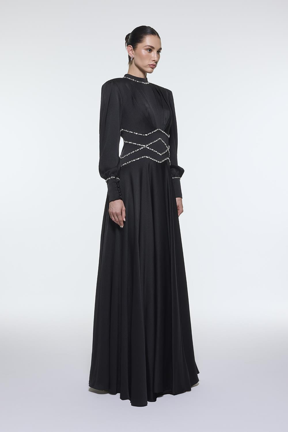 Stone Embroidered Stand Collar Satin Long Evening Dress - 9219C