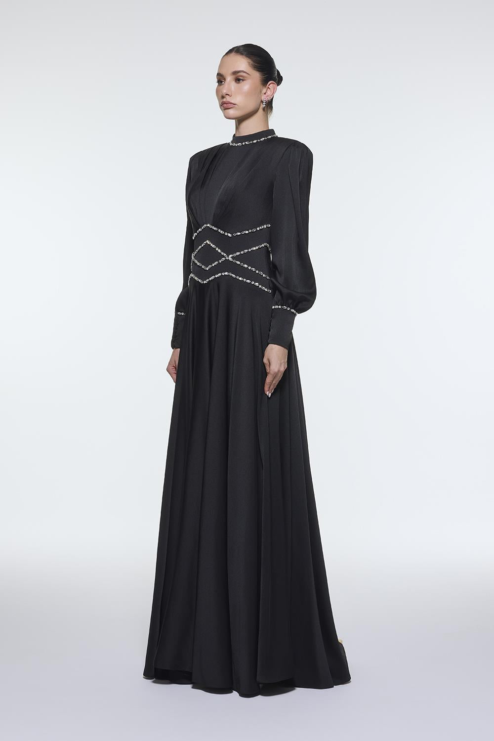 Stone Embroidered Stand Collar Satin Long Evening Dress - 9219C
