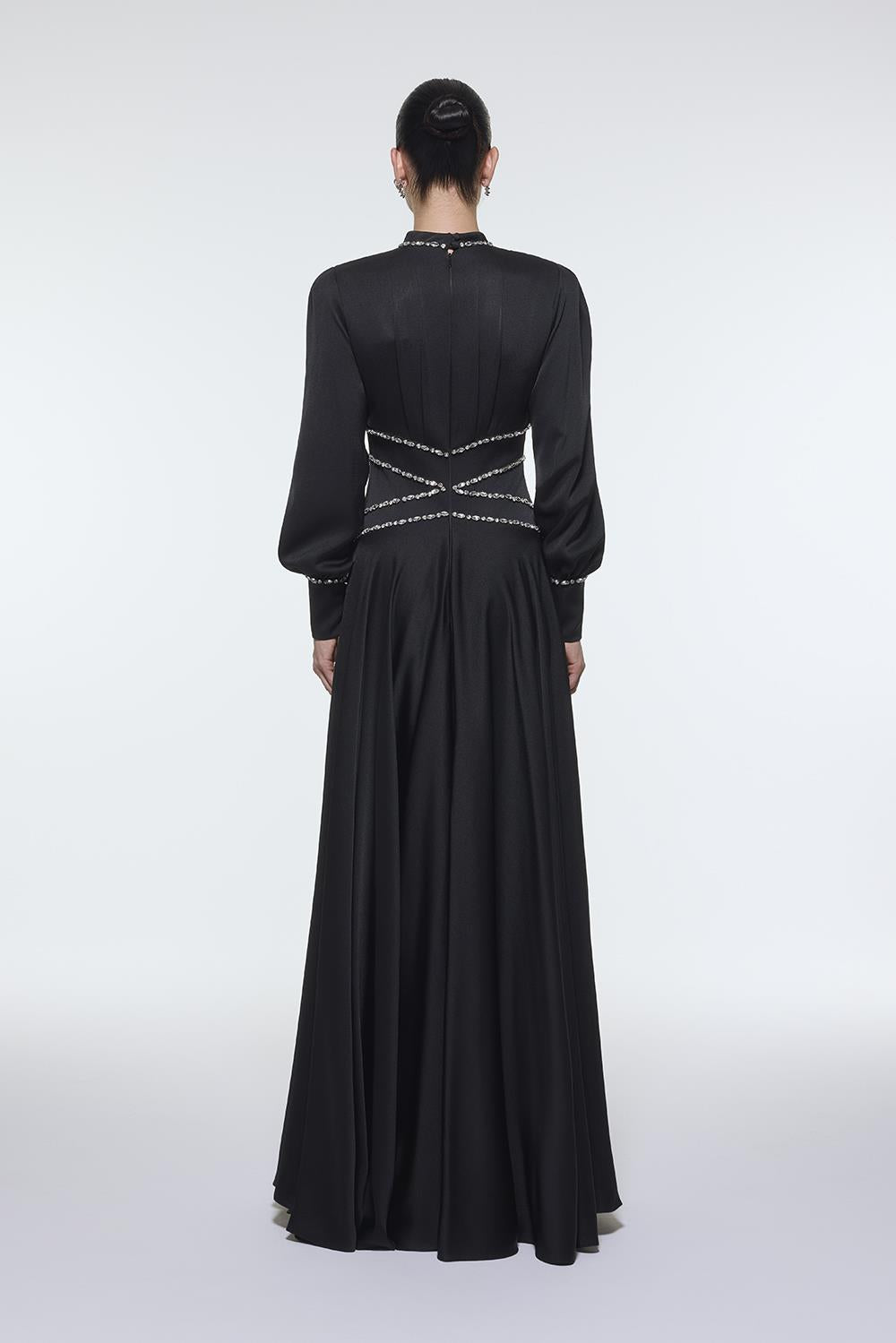 Stone Embroidered Stand Collar Satin Long Evening Dress - 9219C