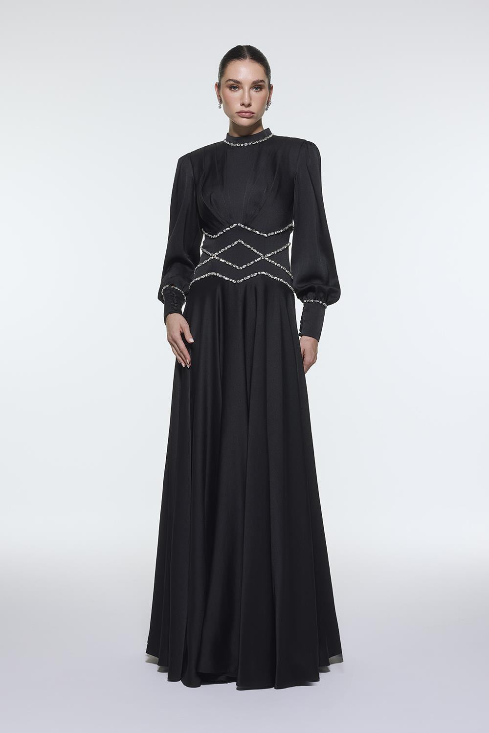 Stone Embroidered Stand Collar Satin Long Evening Dress - 9219C