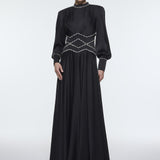 Stone Embroidered Stand Collar Satin Long Evening Dress - 9219C