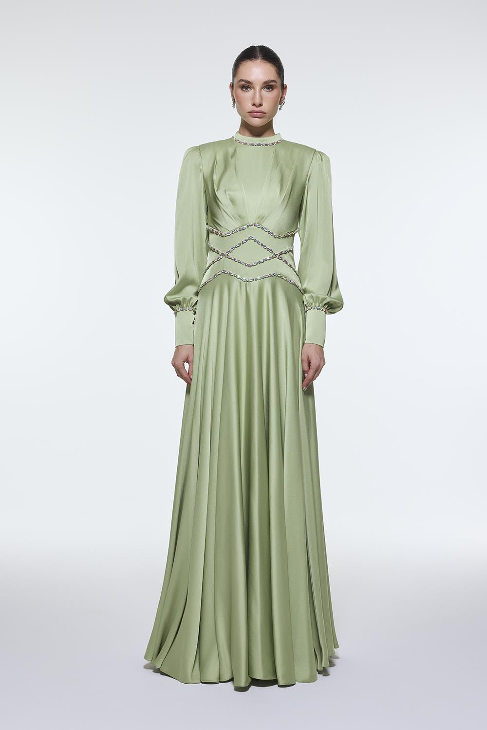Stone Embroidered Stand Collar Satin Long Evening Dress - 9219C