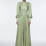 Stone Embroidered Stand Collar Satin Long Evening Dress - 9219C