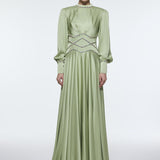Stone Embroidered Stand Collar Satin Long Evening Dress - 9219C