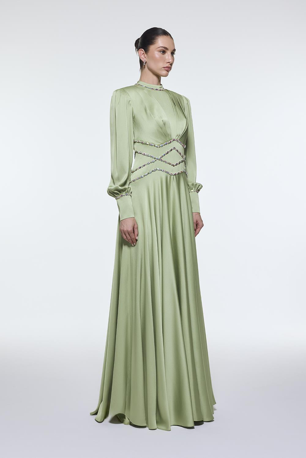 Stone Embroidered Stand Collar Satin Long Evening Dress - 9219C