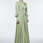 Stone Embroidered Stand Collar Satin Long Evening Dress - 9219C