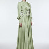 Stone Embroidered Stand Collar Satin Long Evening Dress - 9219C