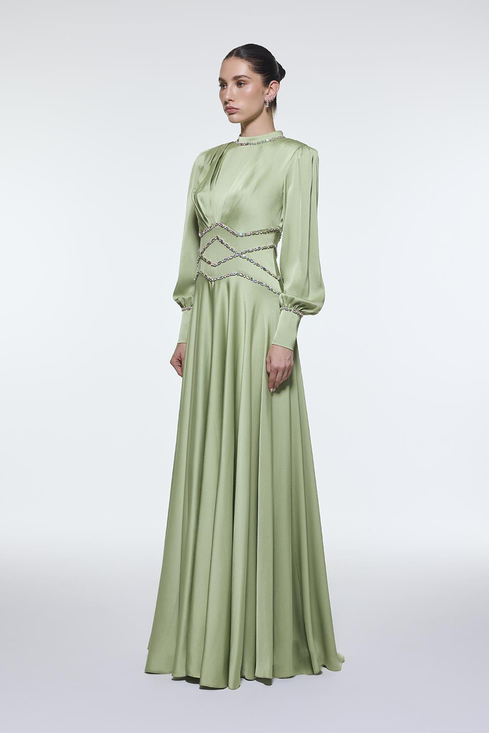 Stone Embroidered Stand Collar Satin Long Evening Dress - 9219C