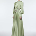 Stone Embroidered Stand Collar Satin Long Evening Dress - 9219C