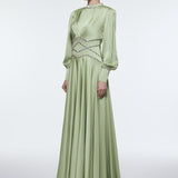 Stone Embroidered Stand Collar Satin Long Evening Dress - 9219C