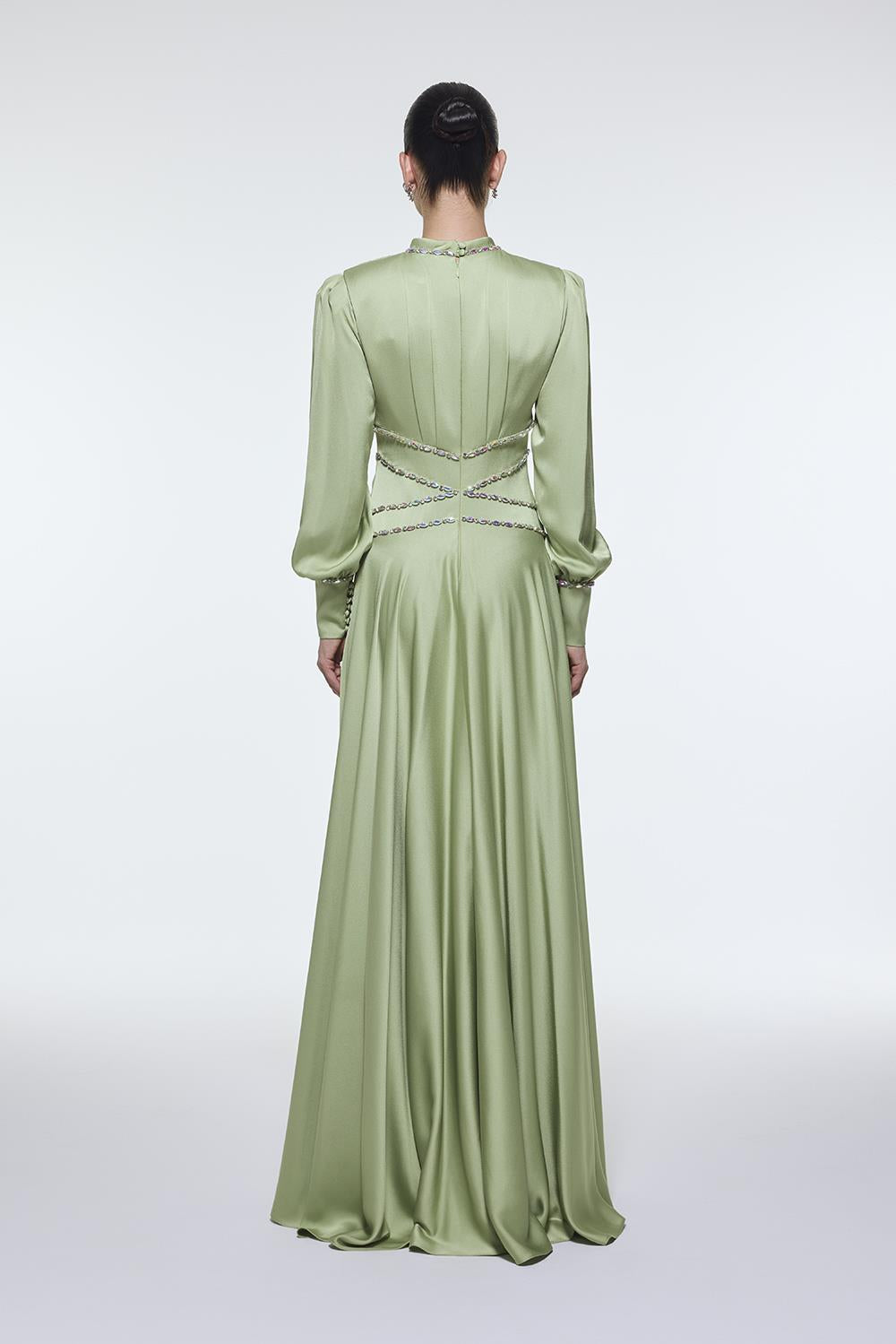 Stone Embroidered Stand Collar Satin Long Evening Dress - 9219C