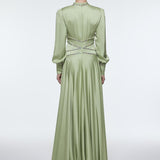 Stone Embroidered Stand Collar Satin Long Evening Dress - 9219C