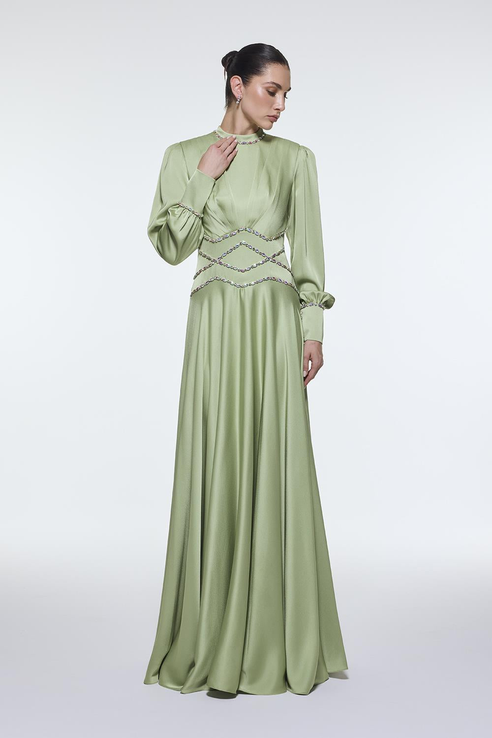 Stone Embroidered Stand Collar Satin Long Evening Dress - 9219C