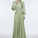 Stone Embroidered Stand Collar Satin Long Evening Dress - 9219C