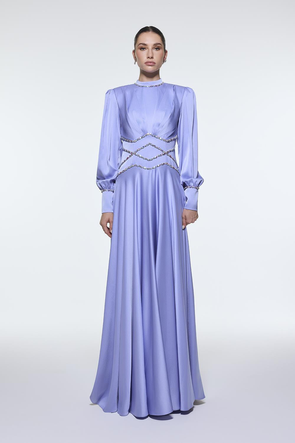 Stone Embroidered Stand Collar Satin Long Evening Dress - 9219C