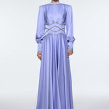 Stone Embroidered Stand Collar Satin Long Evening Dress - 9219C