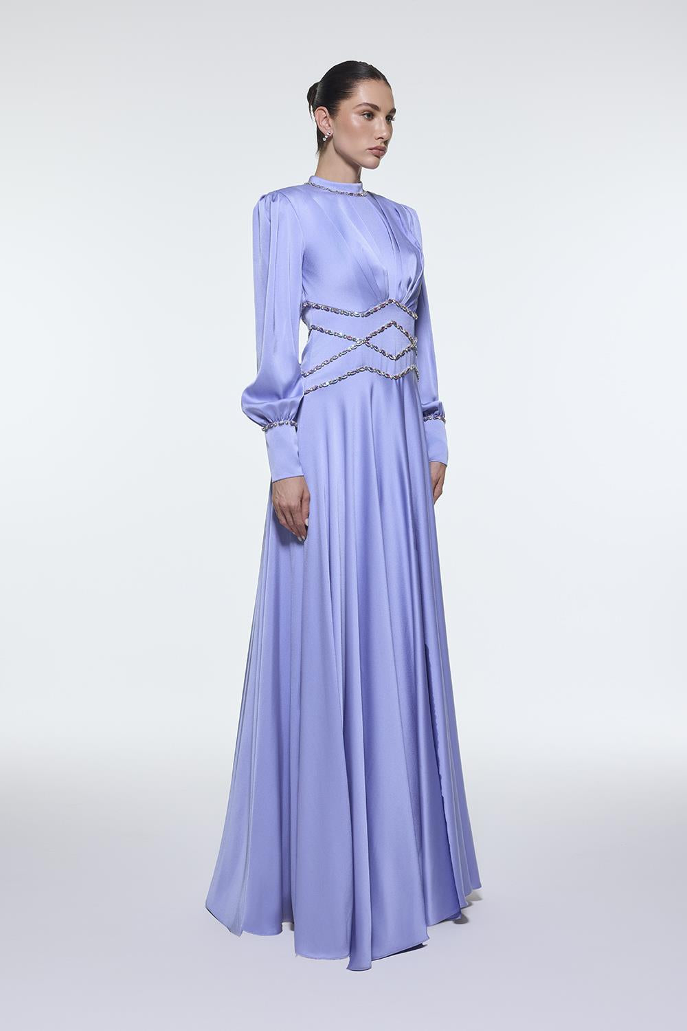 Stone Embroidered Stand Collar Satin Long Evening Dress - 9219C