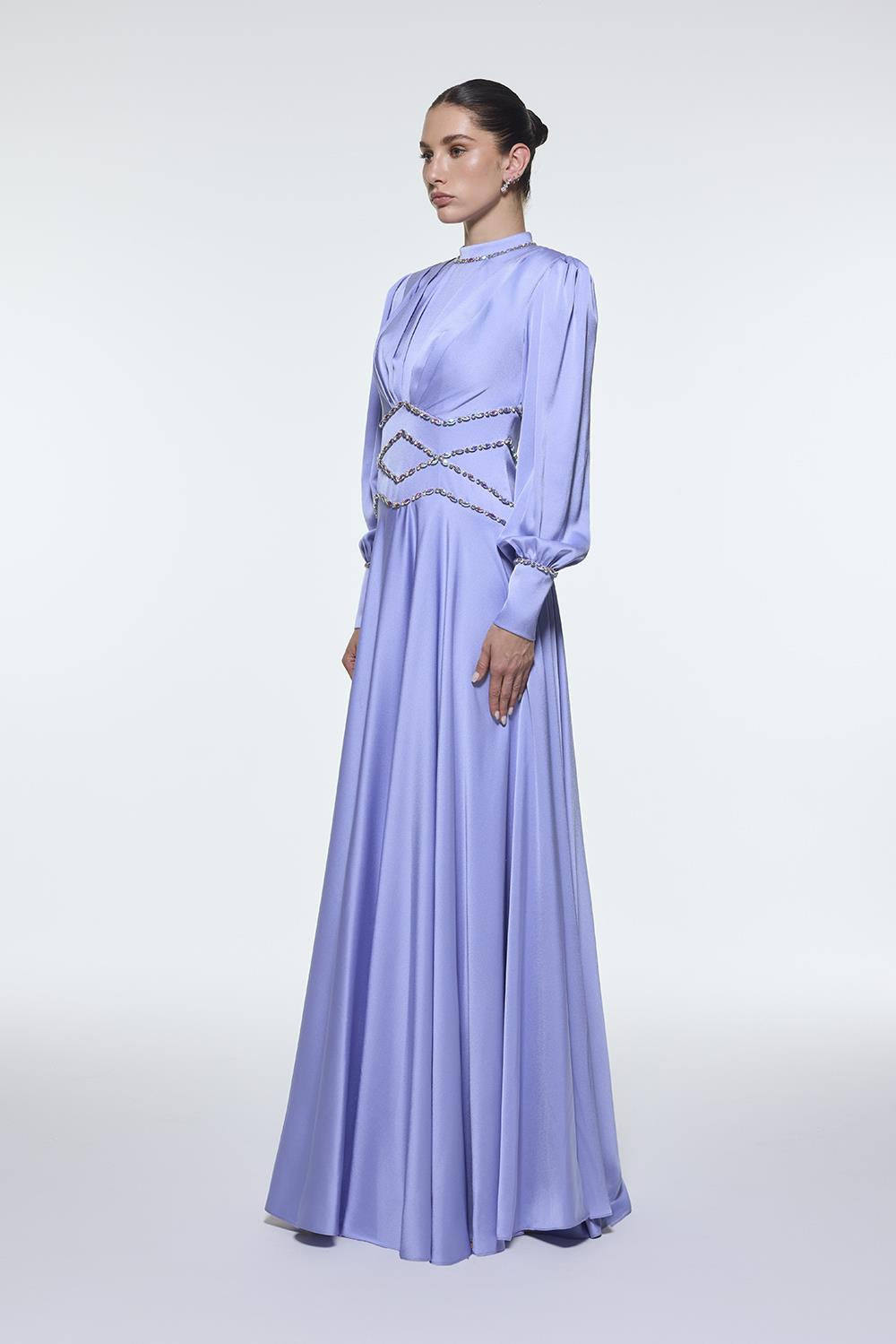 Stone Embroidered Stand Collar Satin Long Evening Dress - 9219C