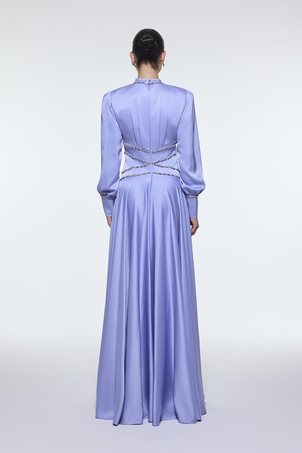 Stone Embroidered Stand Collar Satin Long Evening Dress - 9219C