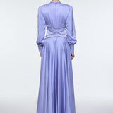 Stone Embroidered Stand Collar Satin Long Evening Dress - 9219C
