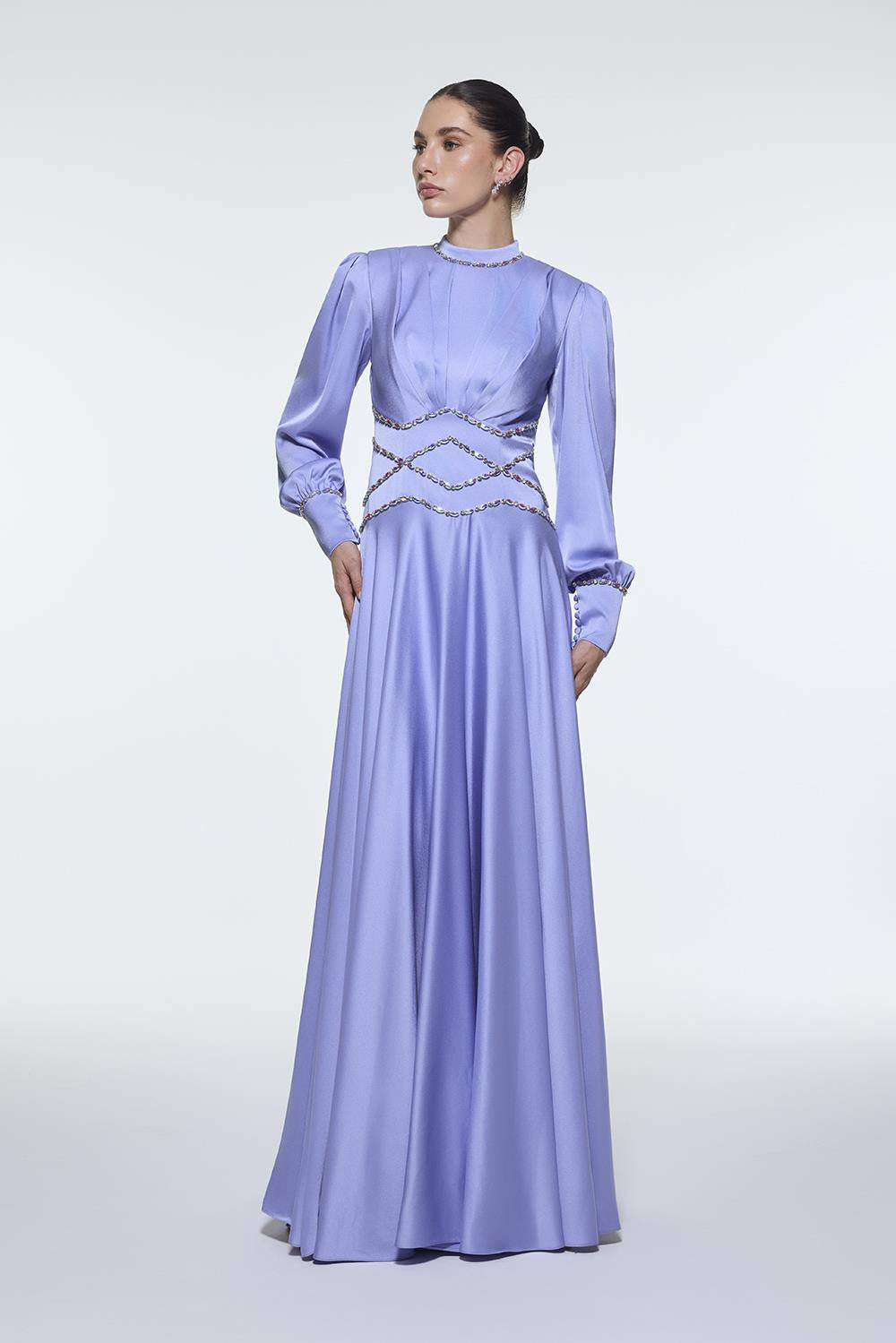 Stone Embroidered Stand Collar Satin Long Evening Dress - 9219C