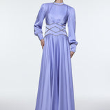 Stone Embroidered Stand Collar Satin Long Evening Dress - 9219C