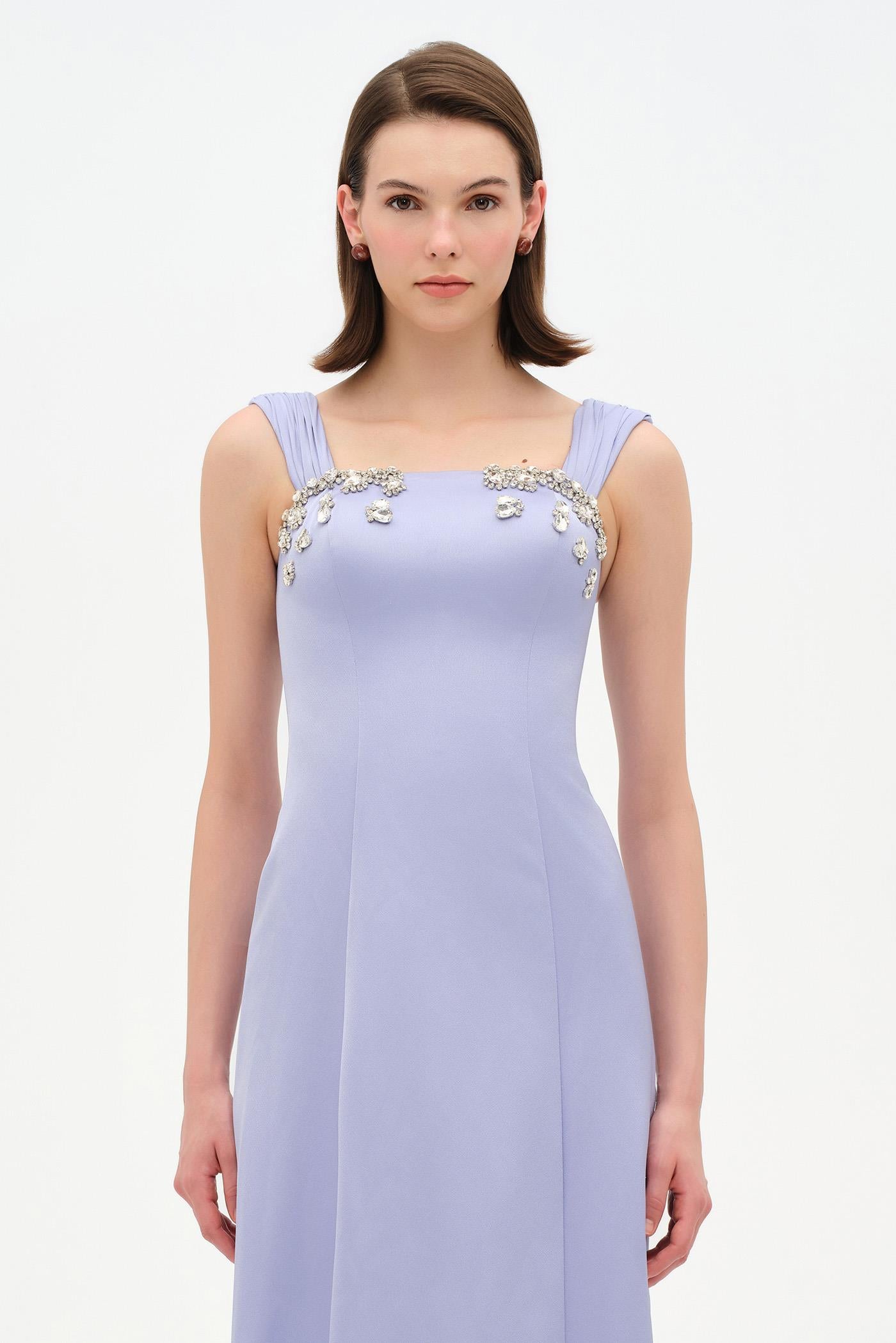 Long Evening Dress with Stone Embellishment and Square Neck - 26103C