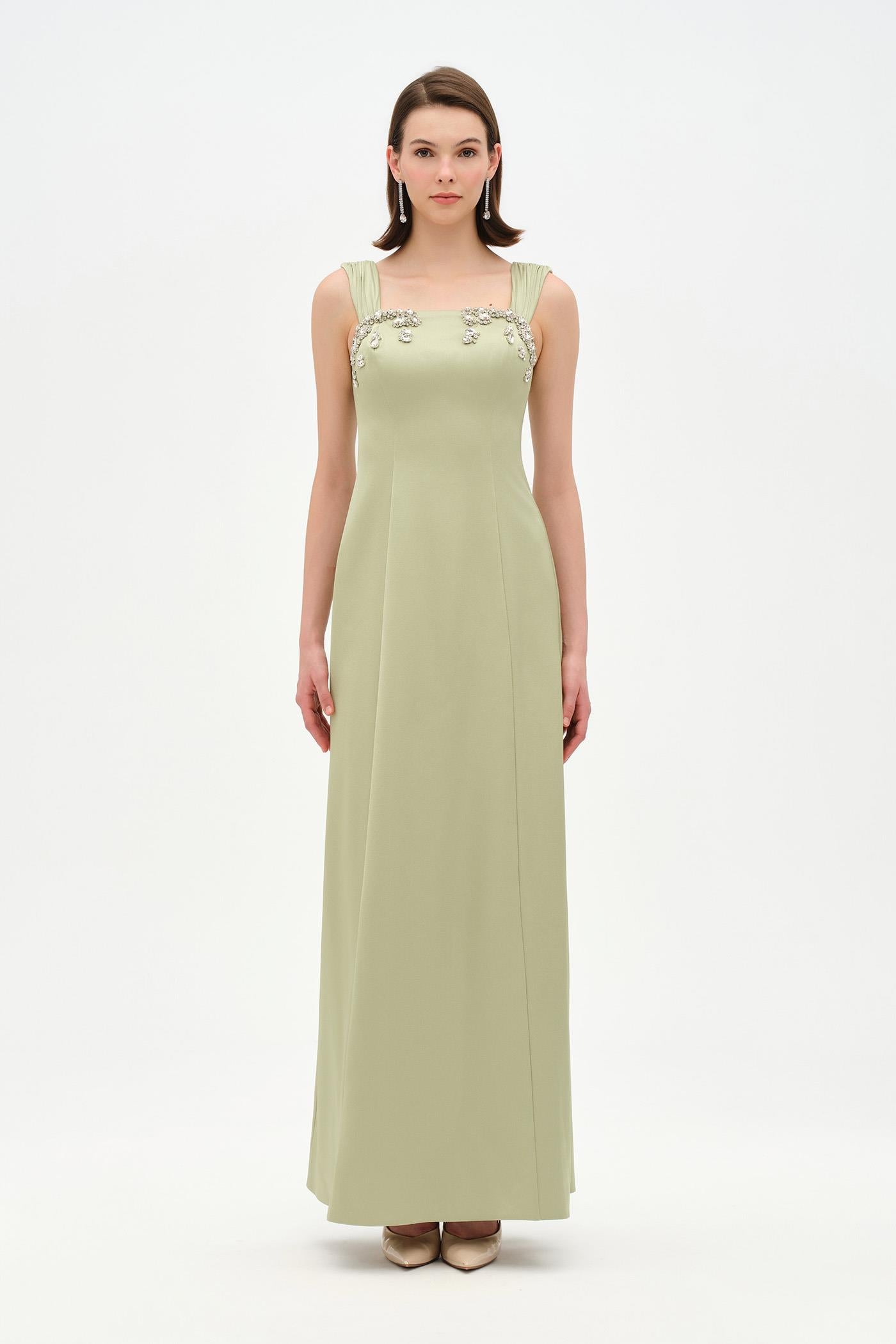 Long Evening Dress with Stone Embellishment and Square Neck - 26103C