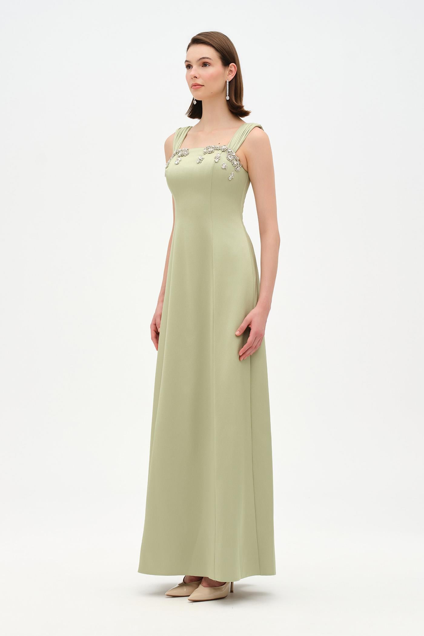 Long Evening Dress with Stone Embellishment and Square Neck - 26103C