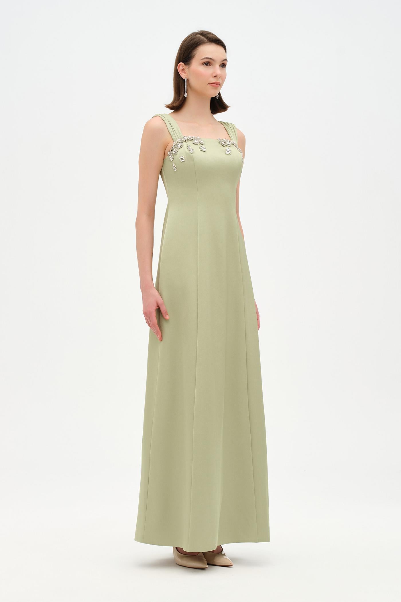 Long Evening Dress with Stone Embellishment and Square Neck - 26103C