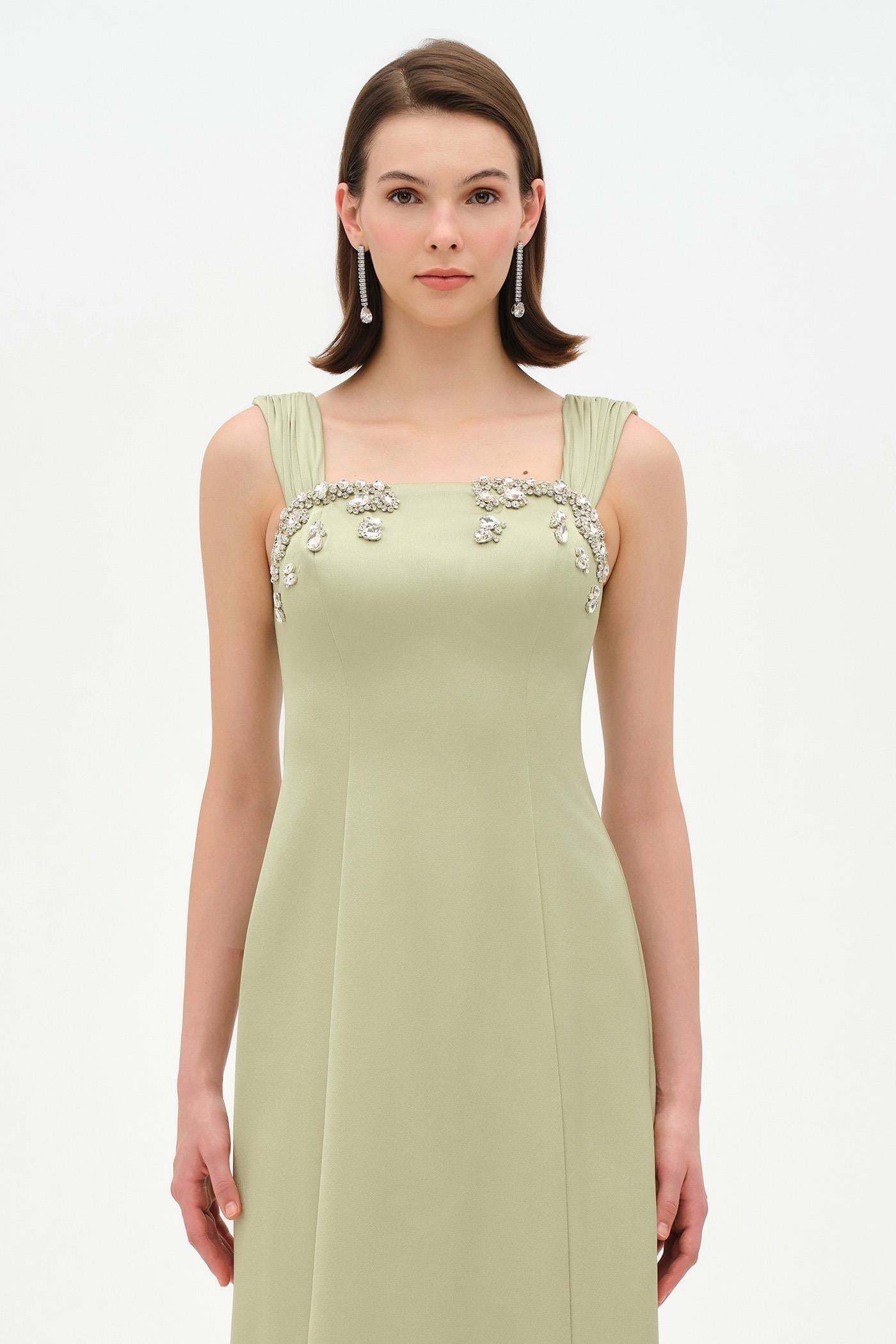 Long Evening Dress with Stone Embellishment and Square Neck - 26103C