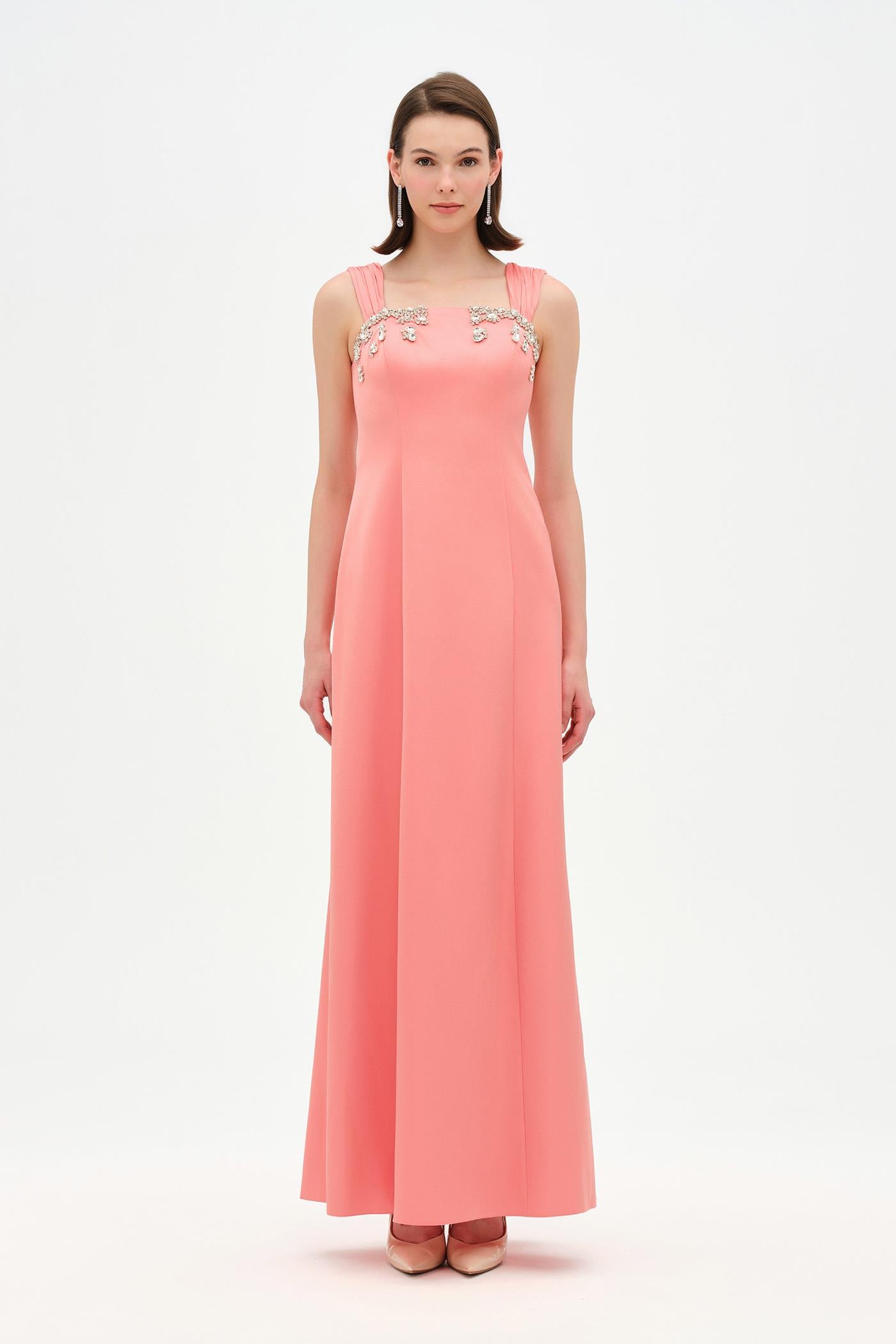 Long Evening Dress with Stone Embellishment and Square Neck - 26103C