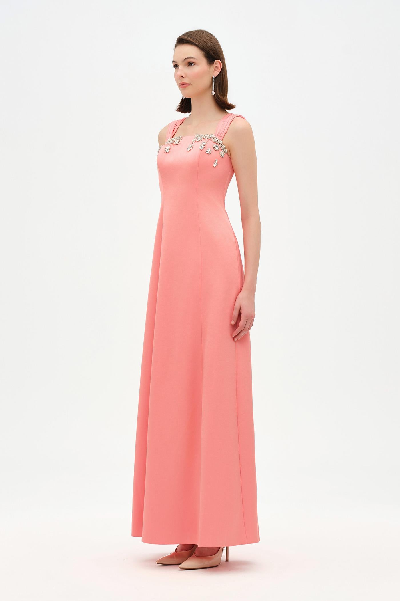 Long Evening Dress with Stone Embellishment and Square Neck - 26103C