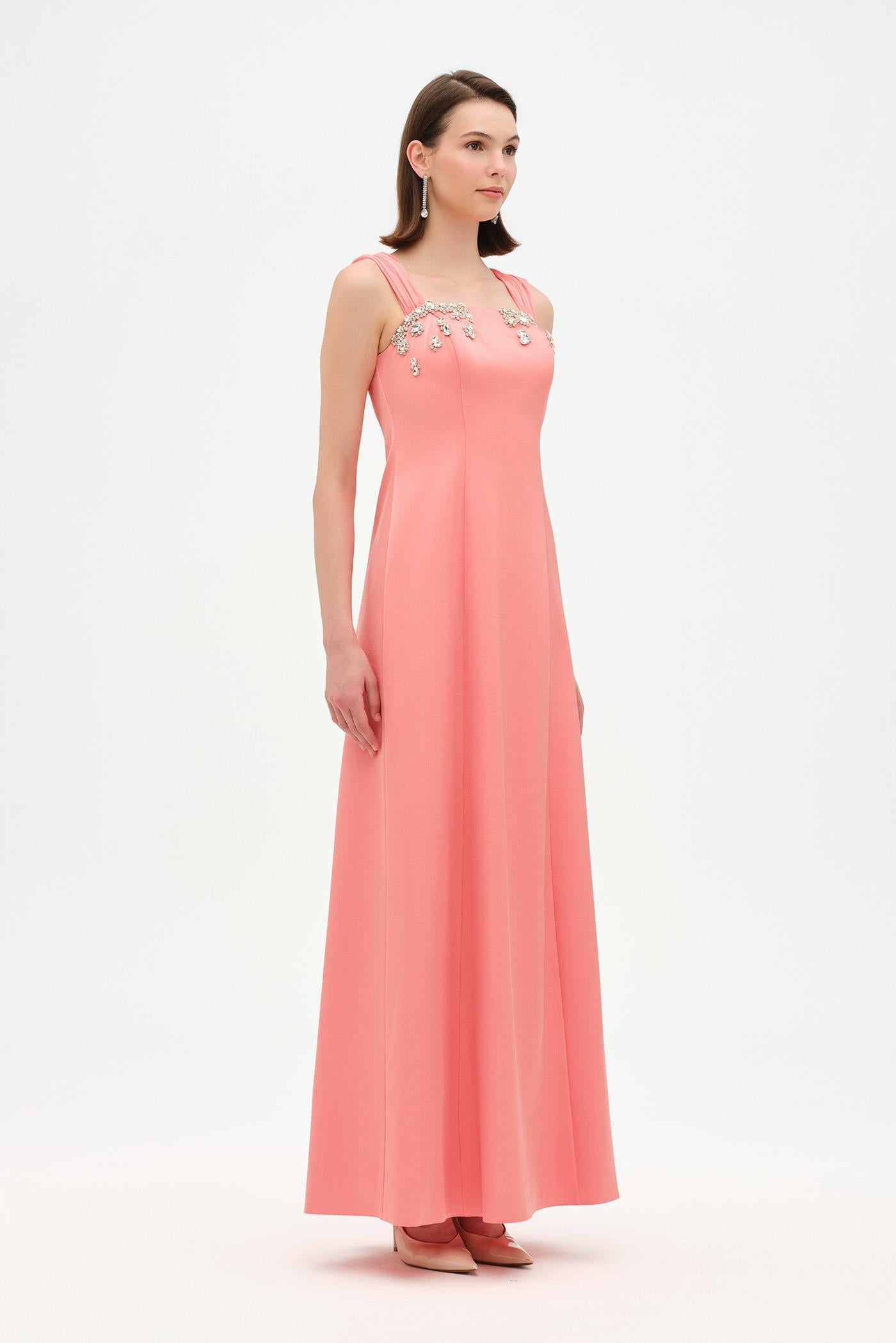 Long Evening Dress with Stone Embellishment and Square Neck - 26103C