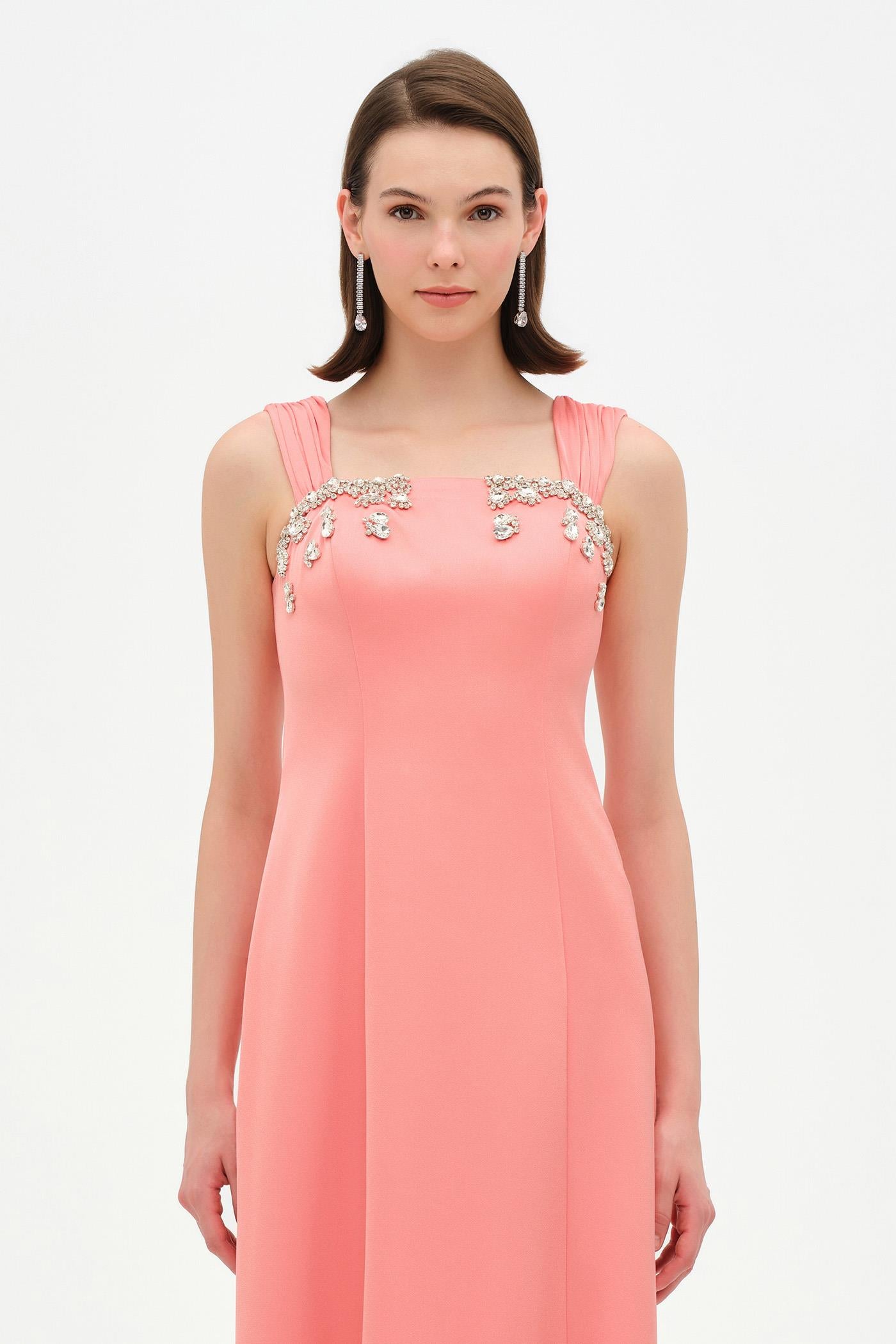 Long Evening Dress with Stone Embellishment and Square Neck - 26103C