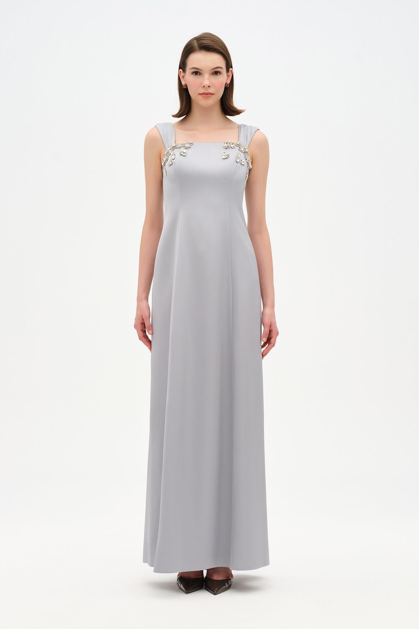 Long Evening Dress with Stone Embellishment and Square Neck - 26103C